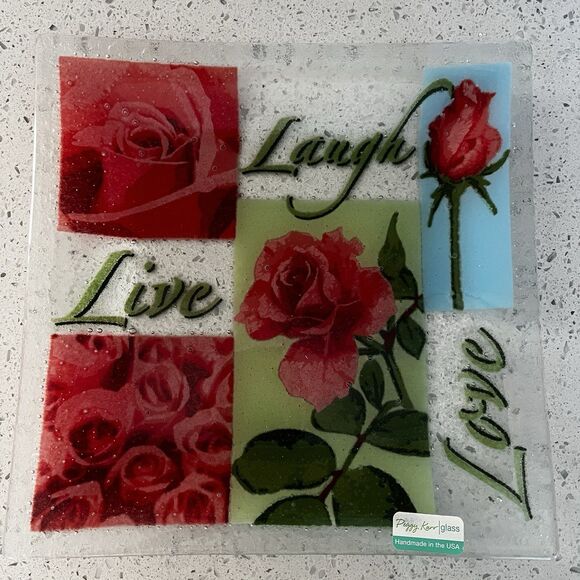 Peggy Karr 10" Square Plate Platter Live Love Laugh Rose Fused Art Glass RARE - Picture 3 of 5